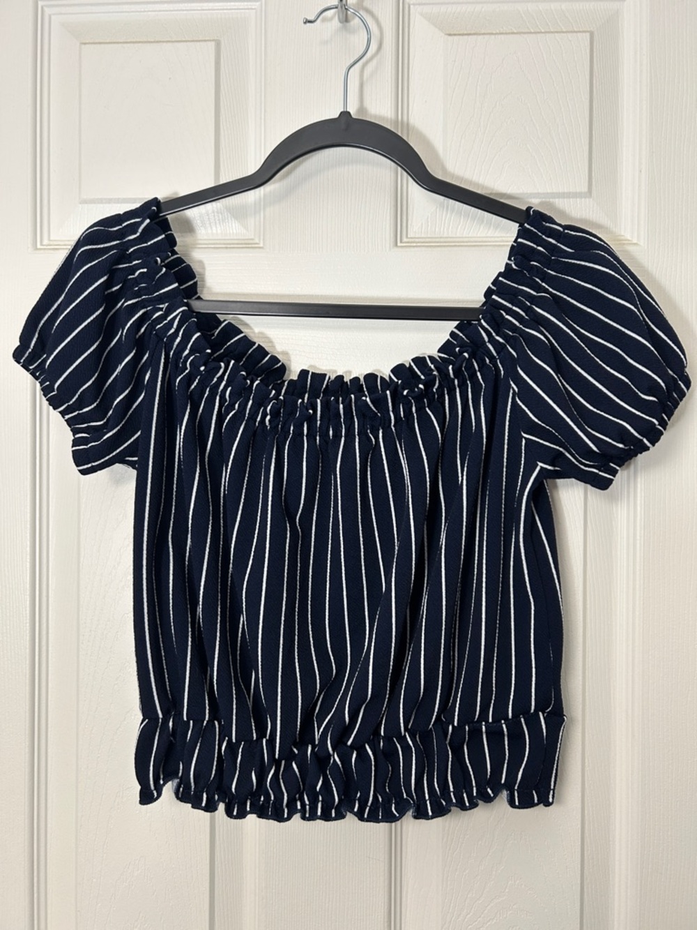 Moa Moa Navy and White Striped Off-Shoulders Smocked Crop Top